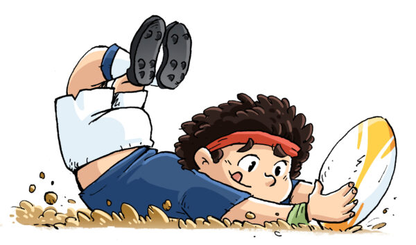Cartoon of a rugby player scoring a try