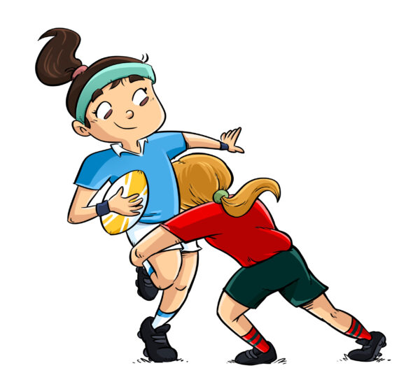 Cartoon of two girl rugby players - one is tackling the other