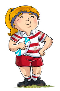 Cartoon of girl wearing rugby kit and holding a rugby ball 